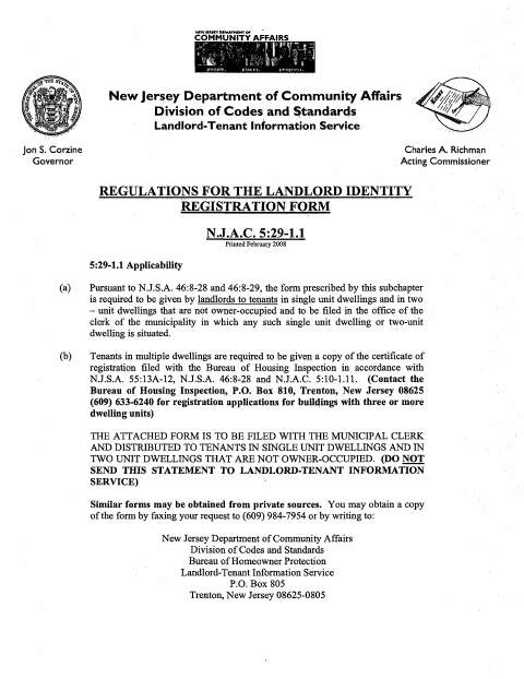 First page of the Landlord Identity Registration Statement