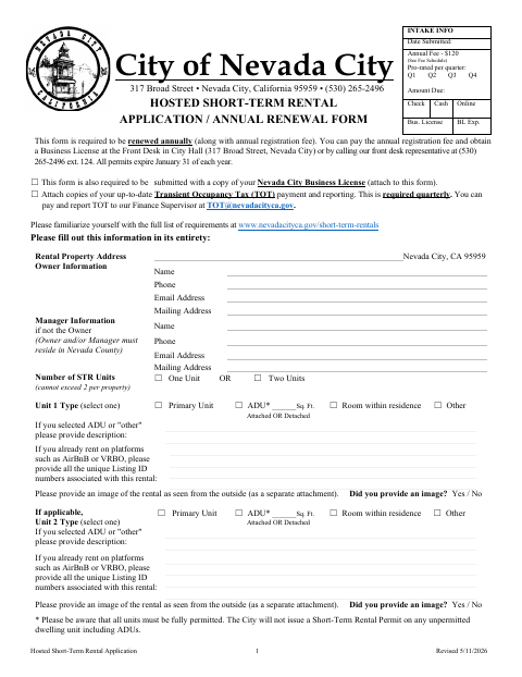 First page of the Hosted Short-Term Rental Application and Annual Renewal Form