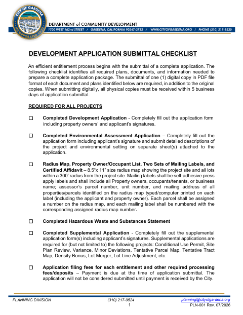 First page of the Development Application Packet