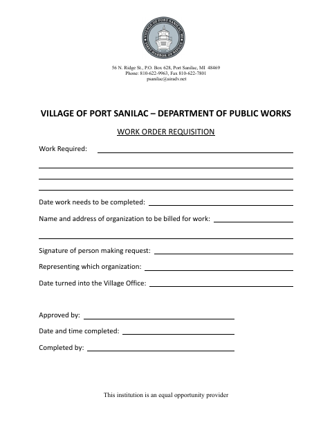 First page of the Work Order Requisition