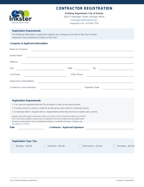 First page of the Contractor Registration