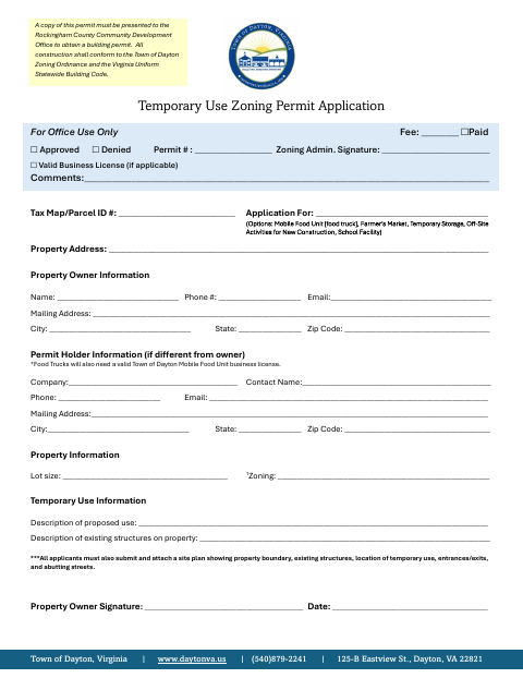 First page of the Temporary Use Zoning Permit Application