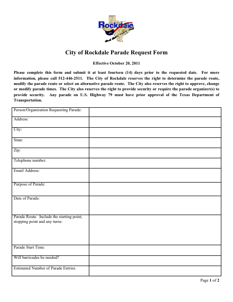 First page of the Parade Request Form