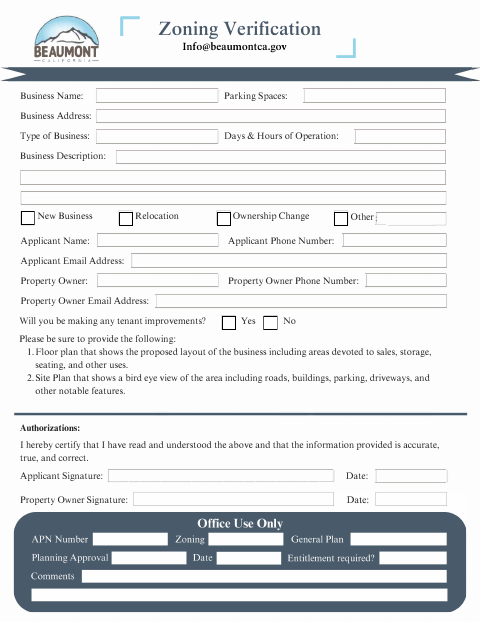 First page of the Zoning Verification Form