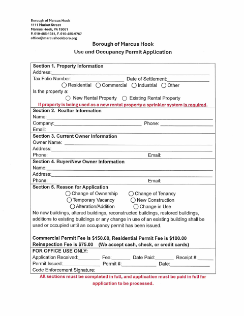 First page of the Use and Occupancy Permit Application