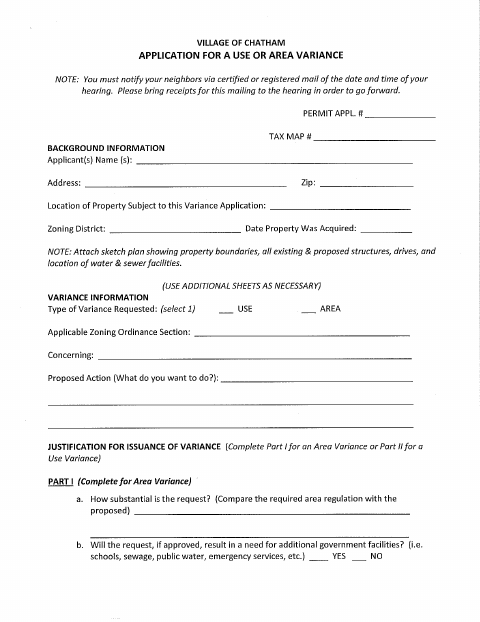 First page of the Application for a Use or Area Variance