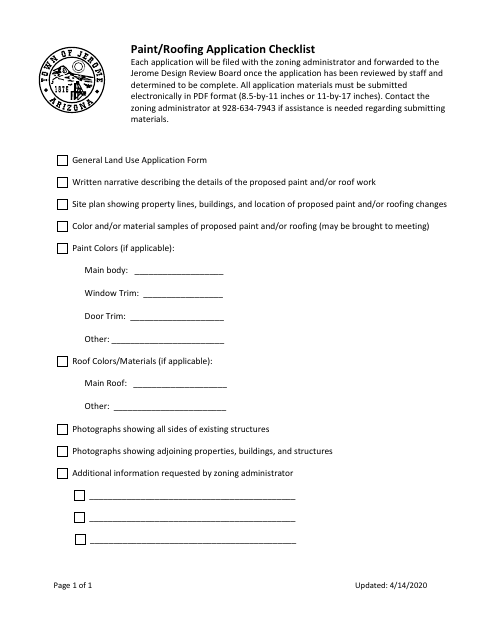 First page of the Paint/Roofing Application Checklist