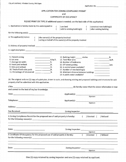 First page of the Application for Zoning Compliance Permit and Certificate of Occupancy