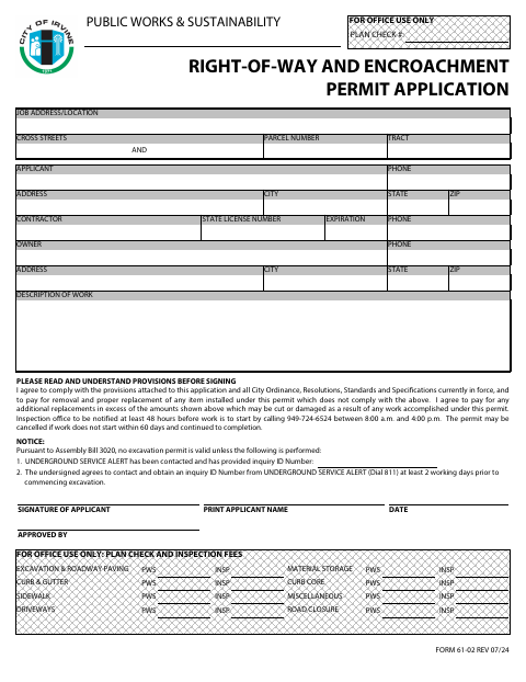 First page of the Right-of-Way and Encroachment Permit Application (Form 61-02)