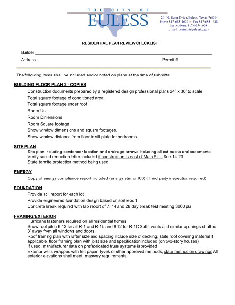 First page of the Residential Building Plan Checklist