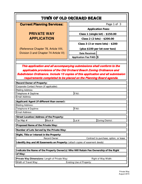 First page of the Private Way Application