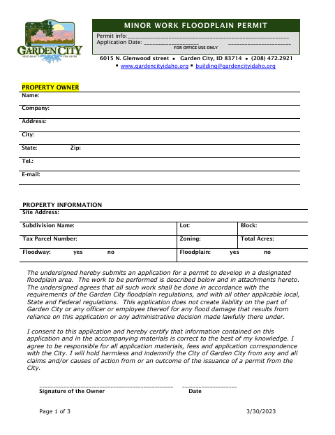 First page of the Minor Work Floodplain Permit