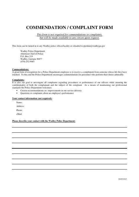 First page of the Commendation / Complaint Form