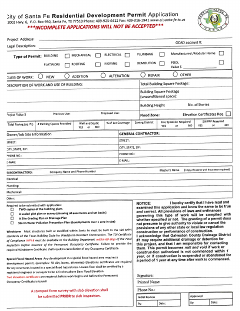 First page of the Residential Development Permit Application
