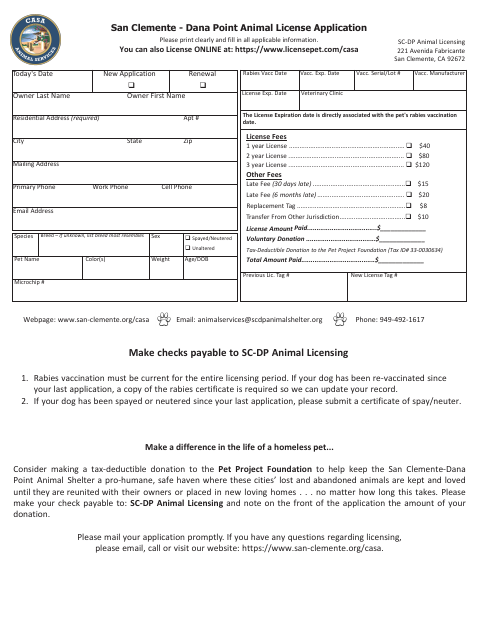 First page of the Animal License Application