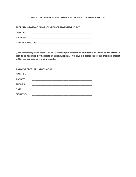 First page of the BZA Project Acknowledgment Form