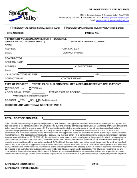 First page of the Re-Roof Permit Application