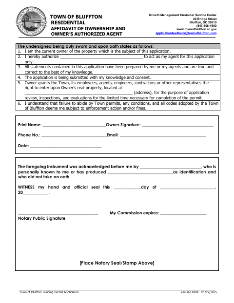 First page of the Residential Affidavit of Ownership and Owner’s Authorized Agent