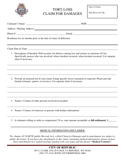 First page of the Tort-Loss Claim for Damages