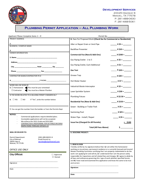 First page of the Plumbing Permit Application – All Plumbing Work