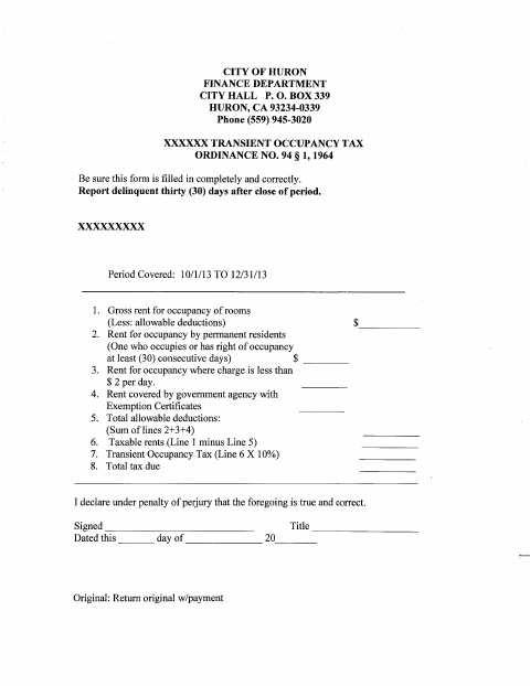 First page of the Transient Occupancy Tax Form