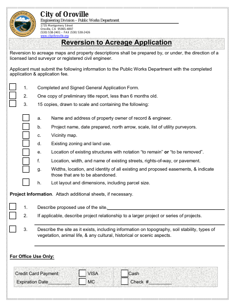 First page of the Reversion to Acreage Application