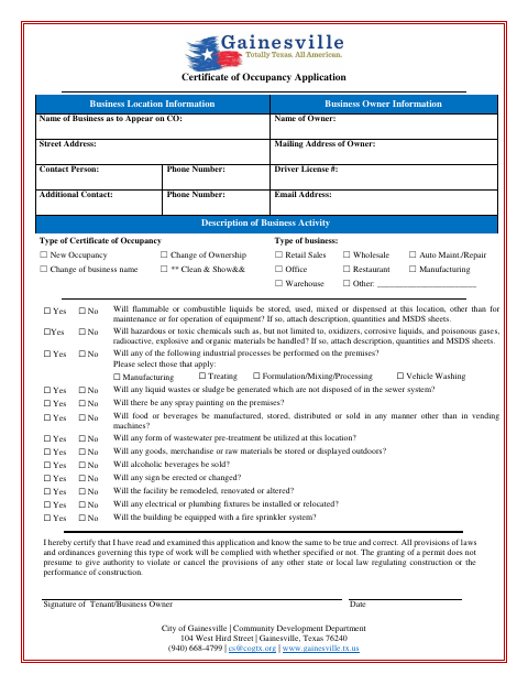 First page of the Certificate of Occupancy Application