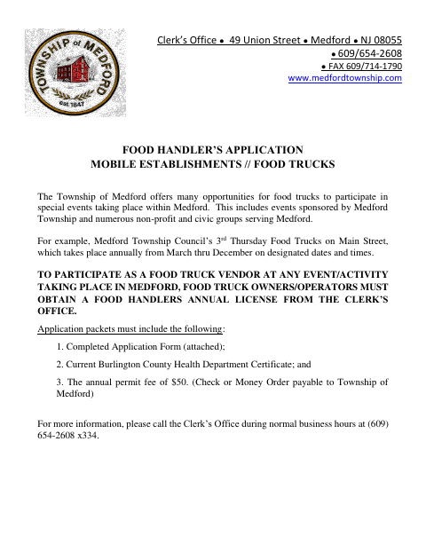 First page of the Food Handler’s Application for Mobile Establishments and Food Trucks