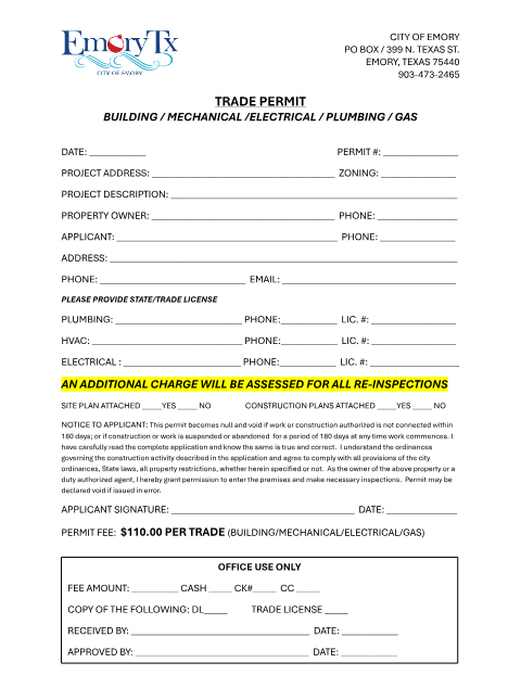 First page of the Trade Permit