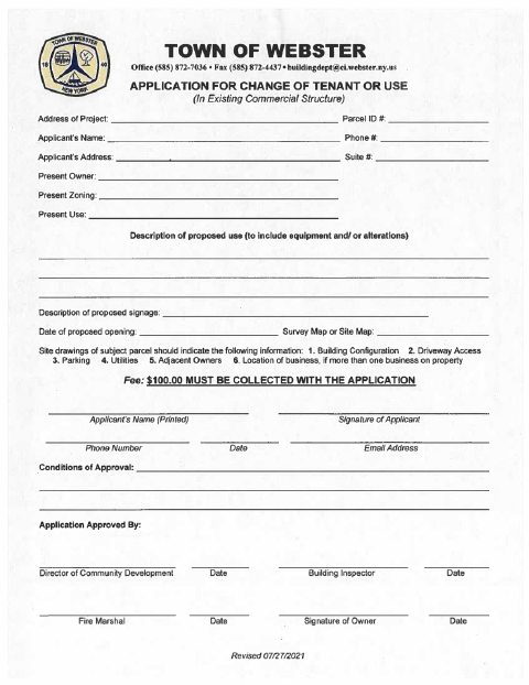 First page of the Application for Change of Tenant or Use