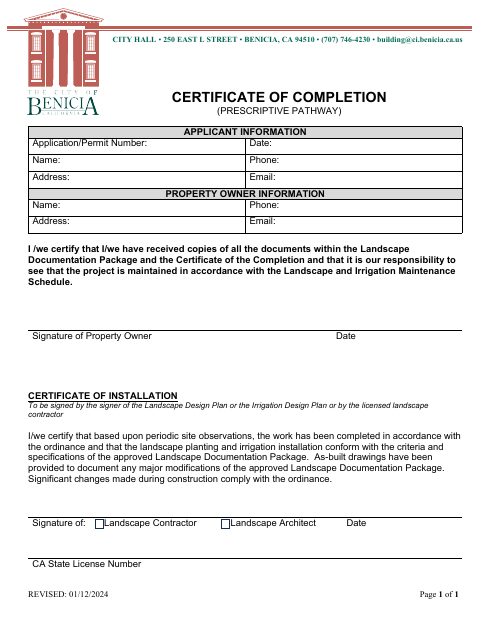First page of the Certificate of Completion (Prescriptive Pathway)