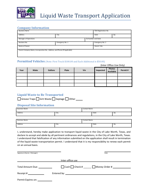 First page of the Liquid Waste Transport Application