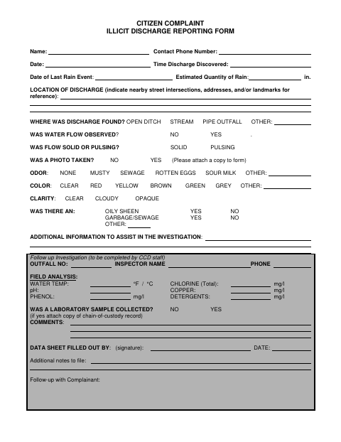 First page of the Citizen Complaint Illicit Discharge Reporting Form