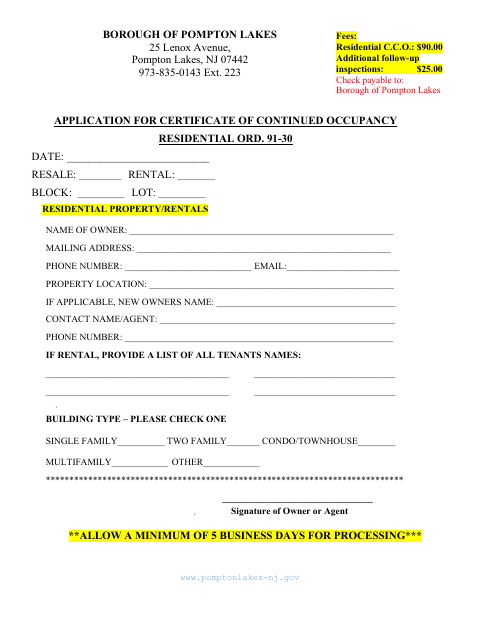 First page of the Application for Certificate of Continued Occupancy Residential