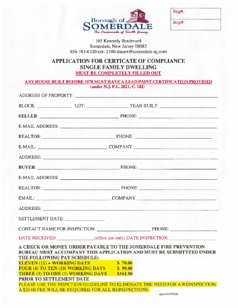First page of the Single-Family Dwelling Certificate of Compliance Application