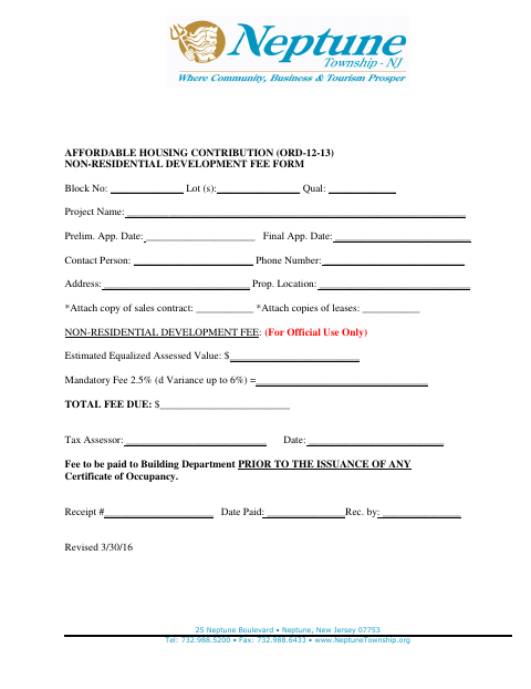 First page of the Affordable Housing Contribution Non-Residential Development Fee Form