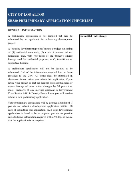 First page of the SB330 Preliminary Application Checklist