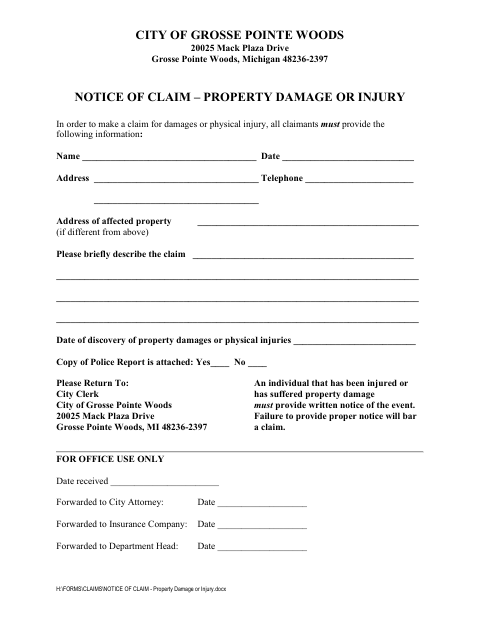 First page of the Notice of Claim – Property Damage or Injury
