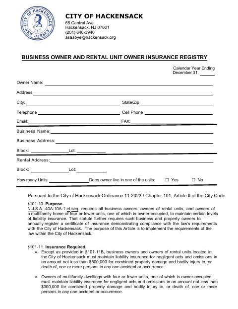 First page of the Business Owner and Rental Unit Owner Insurance Registry