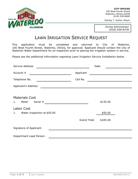 First page of the Lawn Irrigation Service Request