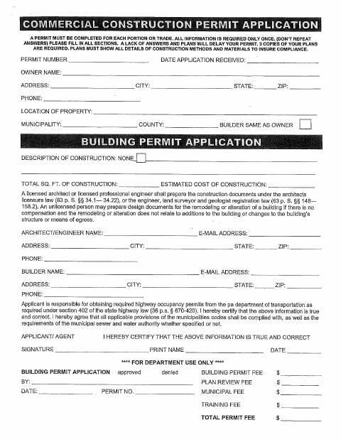 First page of the Commercial Construction Permit Application