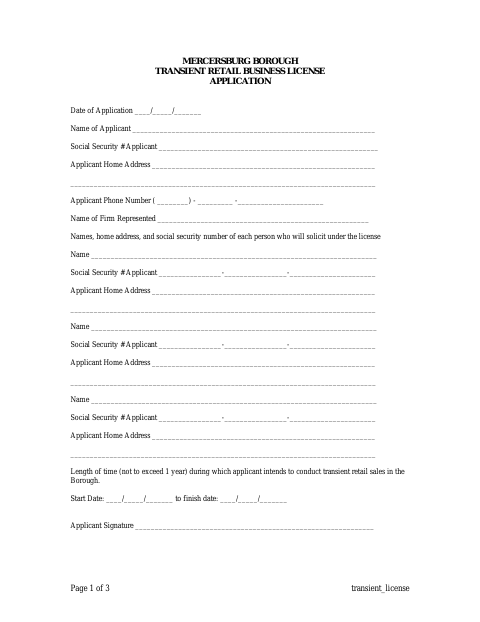 First page of the Transient Retail Business License Application