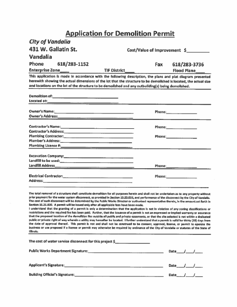 First page of the Demolition Permit Application