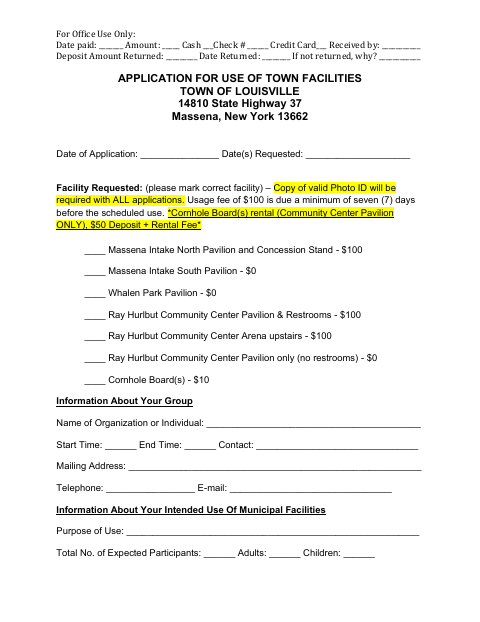 First page of the Application for Use of Town Facilities