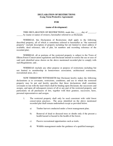 First page of the Declaration of Restrictions (Long-Term Protective Agreement)