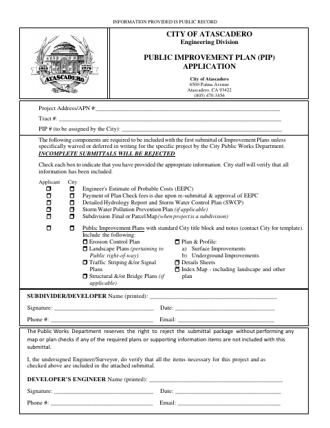 First page of the Public Improvement Plan (PIP) Application