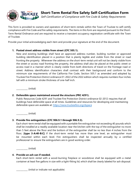 First page of the Short-Term Rental Fire Safety Self-Certification Form