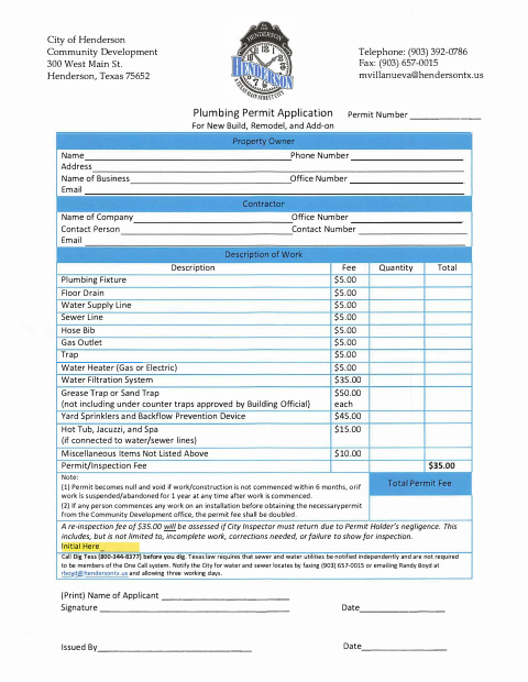 First page of the Plumbing Permit Application
