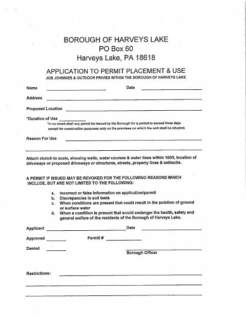 First page of the Job Johnny and Outdoor Privy Permit Application