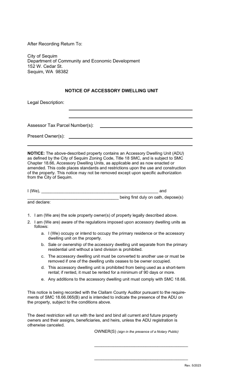 First page of the Notice of Accessory Dwelling Unit